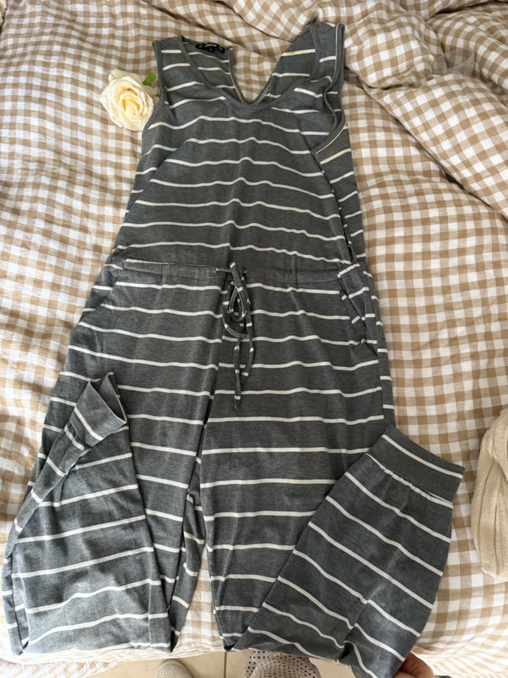 SHEIN Gray & White Striped Sleeveless Jumpsuit